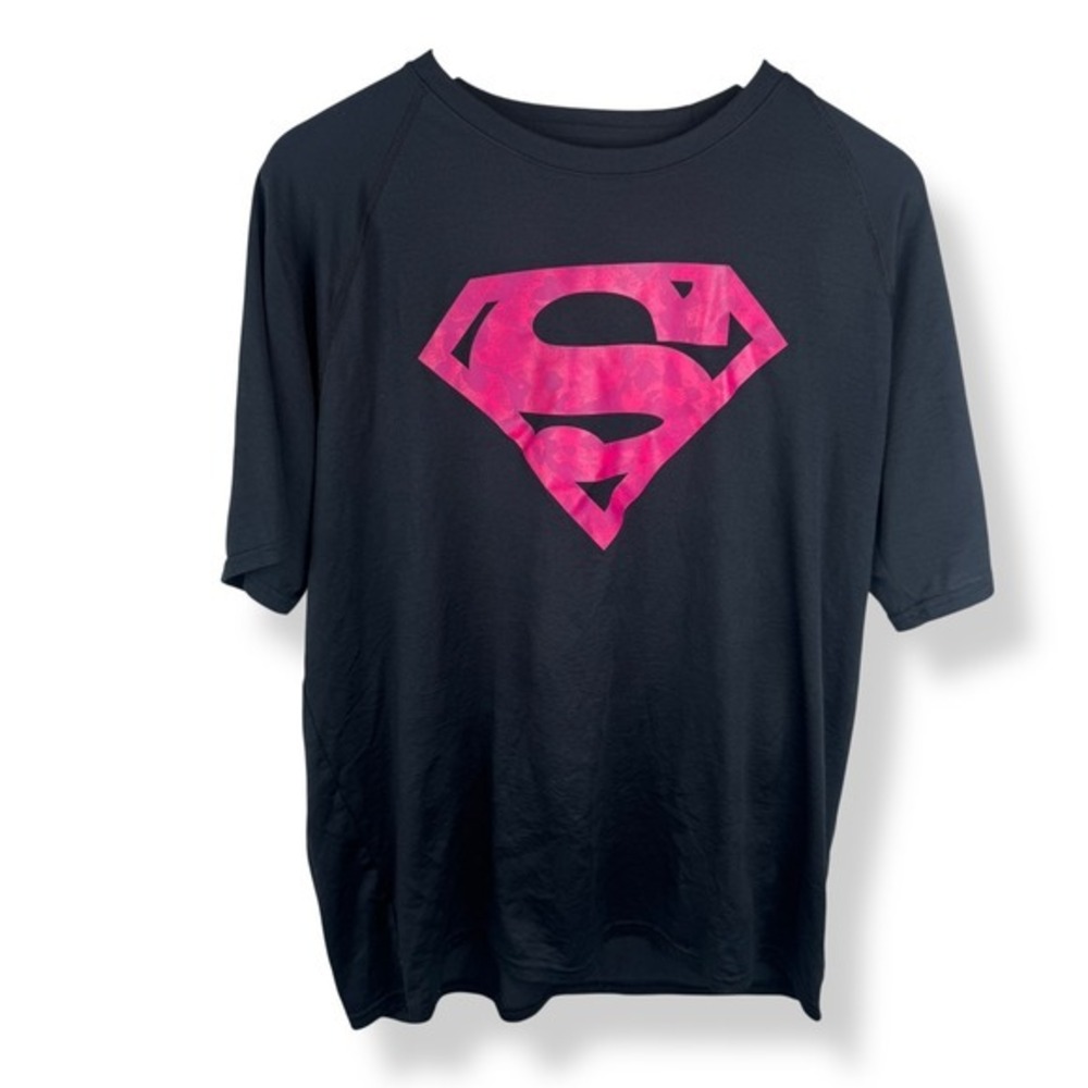 Under Armour Shirt Mens Size Large Black Pink Superman Logo HeatGear Collab 2014